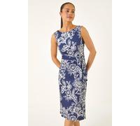 Roman Women's Petite Floral Side Tie Midi Dress in Navy | Size: 14 Roman Navy 14