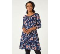 Roman Petite Zebra Print Stretch Midi Dress for Women UK - Ladies Everyday Autumn Winter Round Neckline Comfy Soft Evening Vacation Work Party Night Out - Petite Navy Multi - Size 16