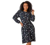Roman Petite Floral Twist Detail Short Dress for Women UK - Ladies Everyday Autumn Winter Round Neckline Comfy Soft Evening Vacation Work Party Night Out - Petite Teal - Size 14