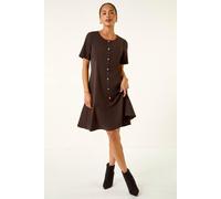 Roman Petite Flute Hem Stretch Dress for Women UK - Ladies Everyday Autumn Winter Round Neckline Comfy Soft Evening Vacation Work Party Night Out - Petite Chocolate - Size 14