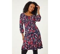 Roman Originals Women Gathered Chest Dress Ladies Stretchy Fit & Flare Swing Tea A Line Skater Empire Waist Ruched Knee Length Midi Smart Casual Work Going Out Party - Petite Wine Multi - Size 18