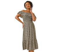 Roman Petite Geo Print Bardot Midi Dress for Women UK - Ladies Everyday Holiday Spring Summer Comfy Soft Evening Vacation Work Party - Petite Charcoal - Size 14