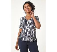 Roman Petite Geo Print V-Neck Stretch Blouse for Women UK - Ladies Everyday Autumn Winter V-Neckline Comfy Soft Evening Vacation Work Party Night Out - Petite Navy - Size 16