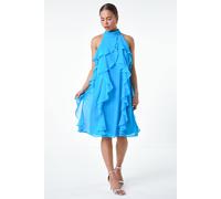 Roman Women's Petite Halter Neck Ruffle Shift Dress in Turquoise | Size: 8 Roman Turquoise 8