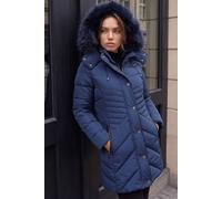 Roman Quilted Padded Coat for Women UK - Ladies Parka Winter Jacket Faux Fur Trim Hooded Short Autumn Waterproof Water Resistant Everyday Holiday Comfy Work - Petite Navy - Size 12