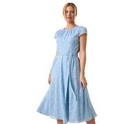 Roman Petite Jacquard Gathered Neck Dress for Women UK - Ladies Everyday Holiday Spring Summer Round Neckline Comfy Soft Evening Vacation Work Party - Petite Blue - Size 14