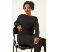 Roman Petite Knitted Pintuck Shift Dress for Women UK - Ladies Everyday Autumn Winter Round Neckline Comfy Soft Evening Vacation Work Party Night Out - Petite Black - Size 14