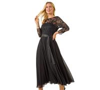 Roman Petite Lace Contrast Bodice Dress for Women UK - Ladies Everyday Autumn Winter Round Neckline Comfy Soft Evening Vacation Work Party Night Out - Petite Black - Size 12