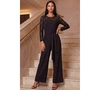 Roman Petite Lace Contrast Stretch Jumpsuit for Women UK - Ladies Everyday Autumn Winter Round Neckline Comfy Soft Evening Vacation Work Party Night Out - Petite Black - Size 10