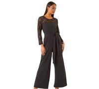 Roman Petite Lace Contrast Stretch Jumpsuit For Women UK - Ladies Everyday Autumn Winter Round Neckline Comfy Soft Evening Vacation Work Party Night Out - Petite Black - Size 14
