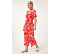 Roman Petite Leaf Print Stretch Jumpsuit In Coral Coral 14