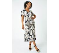 Roman Petite Women Leaf Print Tie Waist Maxi Dress - Ladies Spring Everyday Summer Holiday V-Neckline Comfy Short Sleeve Soft Gown Vacation Frocks - Black - Size 18