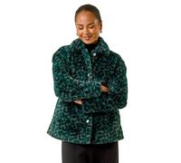 Roman Petite Leopard Faux Fur Coat For Women UK - Ladies Everyday Autumn Winter Collared Neckline Comfy Soft Evening Vacation Work Party Night Out - Petite Green - Size 12