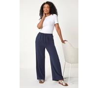 Roman Petite Linen Mix Wide Leg Trouser for Women UK - Ladies Everyday Holiday Spring Summer Comfy Soft Evening Vacation Work Party - Navy - Size 12