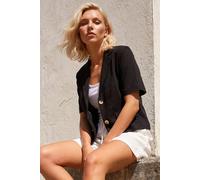 Roman Petite Linen Mix Buttoned Jacket for Women UK - Ladies Everyday Holiday Spring Summer V-Neckline Comfy Soft Evening Vacation Work Party - Petite Black - Size 18