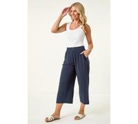 Roman Petite Linen Mix Wide Cropped Trousers for Women UK Ladies Spring Everyday Summer Break Elasticated Waist Comfy Pocket Detail Soft Lightweight Pants Vacation Culottes - Petite Navy - Size 20