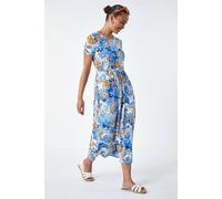 Roman Originals Midi Dress with Pockets for Women UK Ladies Stretchy Jersey Maxi Long Short Sleeve Elasticated Gathered High Waist Boho Flattering Skater Swing Fit Flare - Petite Blue - Size 14