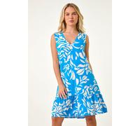 Roman Petite Print Cut Out Back Tiered Dress for Women UK - Ladies Spring Everyday Summer Holiday V-Neckline Comfy Sleeveless Soft Fit & Flare Frock Knee Length Gowns - Blue - Size 16