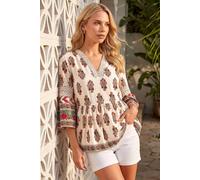 Roman Women's Petite Print V-Neck Lace Top in Ivory | Size: 14 Roman Ivory 14