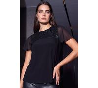 Roman Women's Petite Sequin Stretch Fluted Top in Black | Size: 14