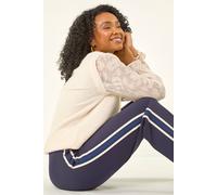 Roman Petite Side Stripe Ponte Trouser for Women UK - Ladies Autumn Everyday Winter Holiday Straight Leg Comfy Elastic Waist Soft Full Length Bottoms Office Desk Pants - Petite Navy - Size 12