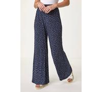 Roman Wide Leg Trousers for Women UK Ladies Palazzo Pants Evening Jersey Elasticated High Waist Smart Flared Culotte Office Work Going Out Loose Crepe Bottoms - Petite Navy Spot - Size 16