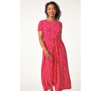 Roman Originals Midi Dress with Pockets for Women UK Ladies Stretchy Jersey Maxi Long Short Sleeve Elasticated Gathered High Waist Boho Flattering Skater Swing Fit Flare - Petite Red White - Size 8