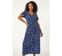 Roman Originals Shirred Waist Dress for Women UK Ladies Midi Maxi Summer Spring Tiered Frill Hem Empire Waist Short Sleeve V Neck Gathered Skirt Bohemian Holiday - Petite Navy Blue - Size 8