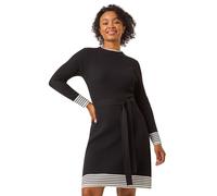 Roman Petite Stripe Knitted Midi Dress for Women UK - Ladies Everyday Autumn Winter Round Neckline Comfy Soft Evening Vacation Work Party Night Out - Petite Black - Size 14