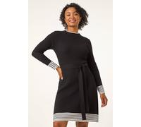 Roman Petite Stripe Knitted Midi Dress for Women UK - Ladies Everyday Autumn Winter Round Neckline Comfy Soft Evening Vacation Work Party Night Out - Petite Black - Size 18