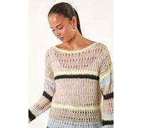 Roman Women's Petite Stripe Open Knitted Jumper in Stone | Size: 12 Roman Stone 12