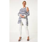 Roman Women's Petite Stripe Pointelle Knit Cardigan in Navy | Size: 14 Roman Navy 14