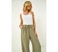 Roman Petite Stripe Pull On Stretch Trouser for Women UK - Ladies Everyday Holiday Spring Summer Comfy Soft Evening Vacation Work Party - Petite Khaki - Size 14