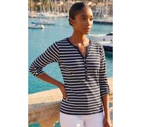 Roman Petite Stripe V-Neck Button Top for Women UK - Ladies Everyday Holiday Spring Summer V-Neckline Comfy Soft Evening Vacation Work Party - Petite Navy - Size 14
