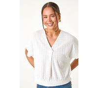 Roman Petite Paisley Shirred Hem Stretch Top for Women UK - Ladies Spring Everyday Summer Holiday V-Neckline Comfy Short Sleeve Soft Blouson Shape Shirt Vacation Blouses - Petite White - Size 18