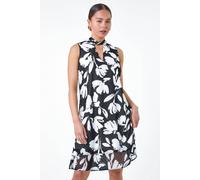 Roman Petite Textured Spot Floral Dress for Women UK - Ladies Spring Everyday Summer Holiday Halterneck Comfy Sleeveless Soft Knee Length Frock Dinner Date Gowns - Black - Size 14