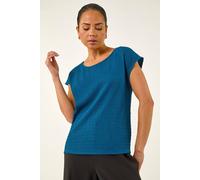 Roman Petite Textured Stretch Top for Women UK - Ladies Everyday Autumn Winter Round Neckline Comfy Soft Evening Vacation Work Party Night Out - Petite Teal - Size 14