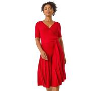 Roman Petite Tie Waist Knitted Dress for Women UK - Ladies Everyday Autumn Winter V-Neckline Comfy Soft Evening Vacation Work Party Night Out - Petite Red - Size 16