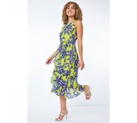 Roman Originals Women Halter Neck Frill Midi Dress - Ladies Special Occasion Evening Party Wedding Guest Print Ruffle Detail Sleeveless Round Neck Dresses - Lime Navy - Size 18