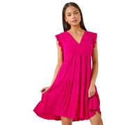 Roman Petite V-Neck Frill Short Dress for Women UK - Ladies Everyday Holiday Spring Summer V-Neckline Comfy Soft Evening Vacation Work Party - Petite Fuchsia - Size 14
