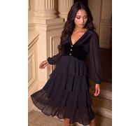Roman Women's Petite Velvet Tiered Midi Stretch Dress in Black | Size: 16