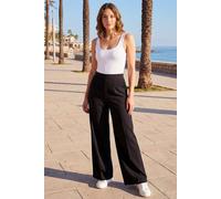 Roman Petite Wide Leg Ponte Stretch Trouser for Women UK - Ladies Autumn Everyday Winter Holiday Elasticated Waist Comfy Pocket Detail Soft Jersey Bottoms Office Desk Pants - Black - Size 10