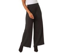 Roman Petite Wide Leg Ponte Stretch Trouser for Women UK Ladies Autumn Everyday Winter Holiday Elasticated Waist Comfy Pocket Detail Soft Jersey Bottoms Office Desk Pants - Black - Size 12