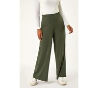 Roman Originals Wide Leg Trousers for Women UK Ladies Palazzo Pants Evening Jersey Elasticated High Waist Smart Flared Culotte Office Work Going Out Loose Crepe Bottoms - Petite Khaki - Size 8
