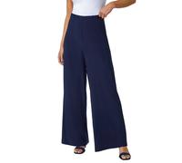 Roman Originals Wide Leg Trousers for Women UK Ladies Palazzo Pants Evening Jersey Elasticated High Waist Smart Flared Culotte Office Work Going Out Loose Crepe Bottoms - Petite Navy - Size 12