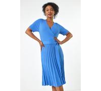 Roman Petite Wrap Knitted Dress for Women UK - Ladies Everyday Holiday Spring Summer V-Neckline Comfy Soft Evening Vacation Work Party - Petite Blue - Size 14