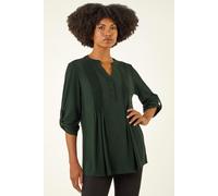 Roman Originals Pintuck Button Stretch Top for Women UK - Ladies Everyday Autumn Winter V-Neckline Comfy Soft Evening Vacation Work Party Night Out - Green - Size 18