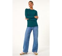 Roman Originals Soft Jumper for Women UK Ladies Winter Autumn Sweater Knit Knitwear Round Crew Neck Top Plain Lightweight Comfy Long Sleeve Split Hem Everyday Daywear - Teal - Size 14