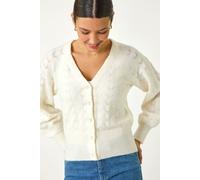 Roman Pointelle Detail Knit Cardigan for Women UK - Ladies Autumn Everyday Winter Holiday V-Neckline Comfy Long Sleeve Soft Button Up Jumper Office Desk Sweaters - Ivory - Size S
