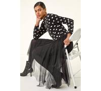 Roman Women's Polka Dot Mesh Midi Dress in Black | Size: 12 Roman Black 12